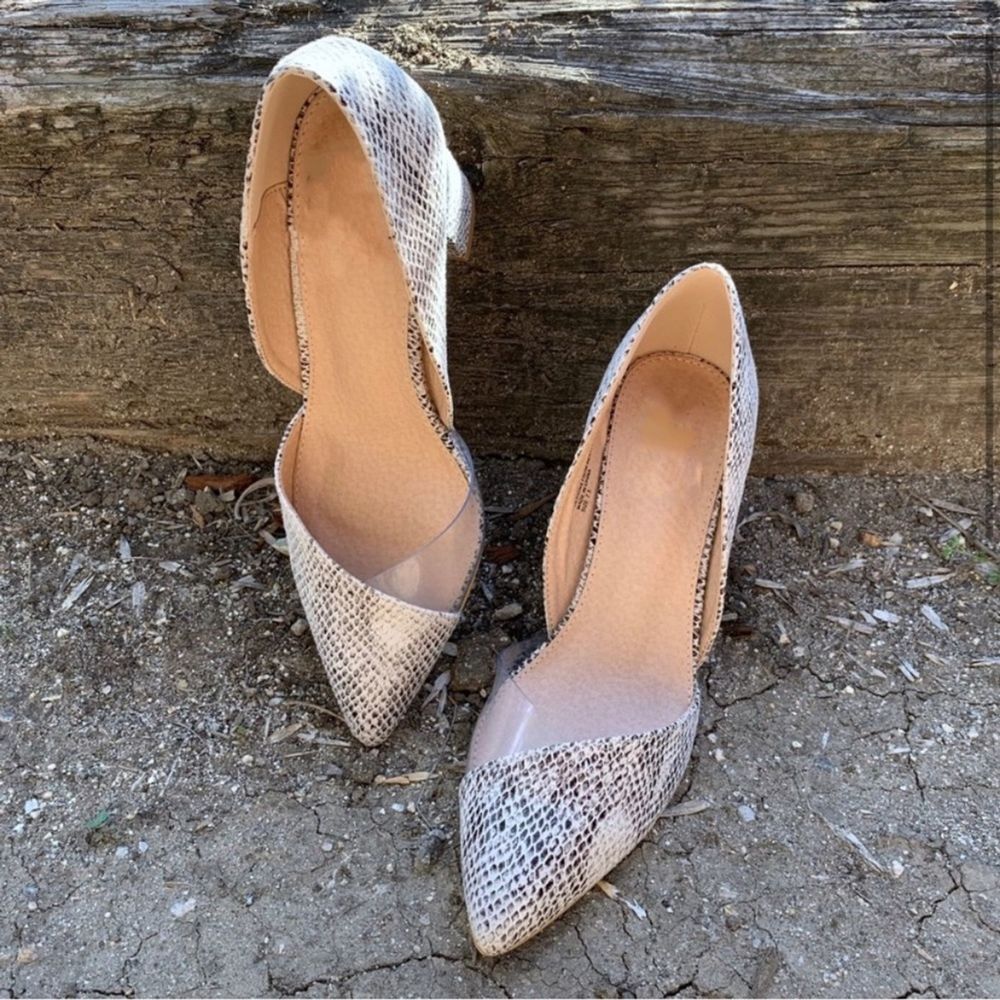 New Snake Print Clear Chunky Pointed High Heels - image 2